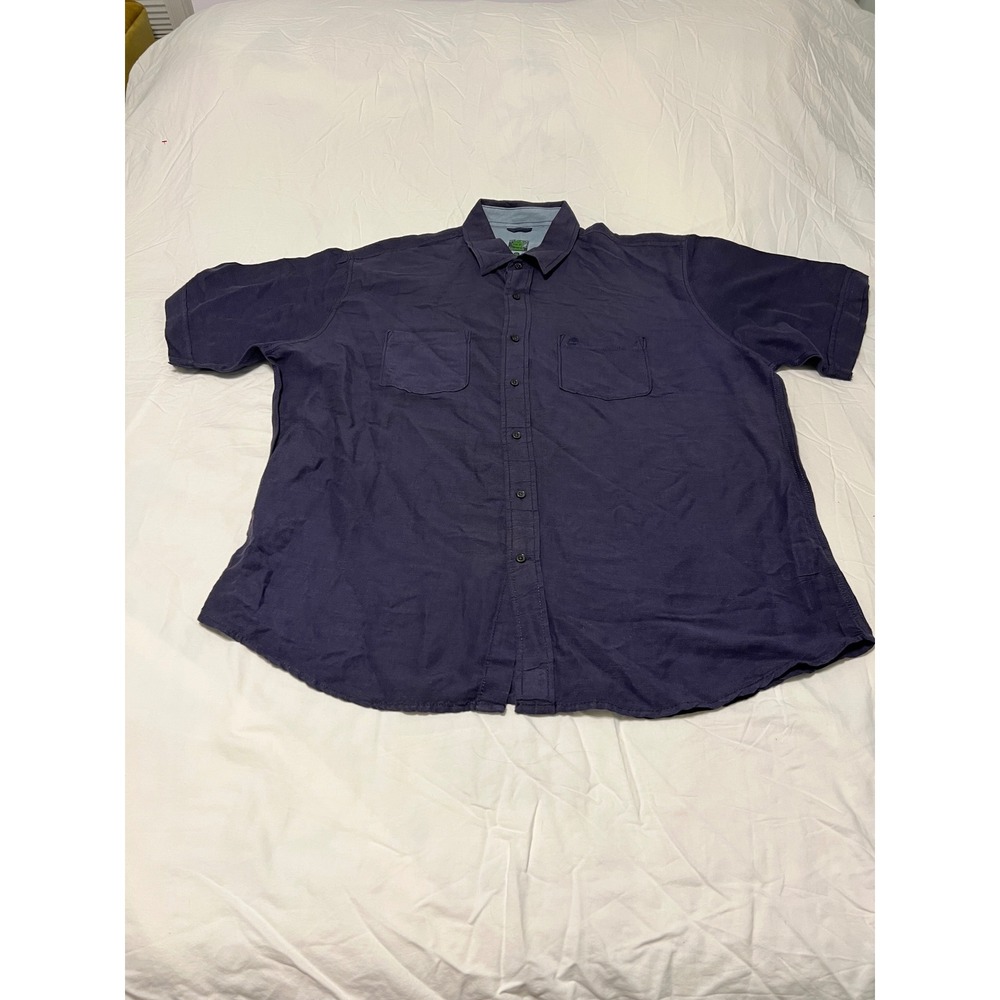 Timberland Mens XL Short Sleeve Button Down Shirt Navy Blue Linen Blend 581A011